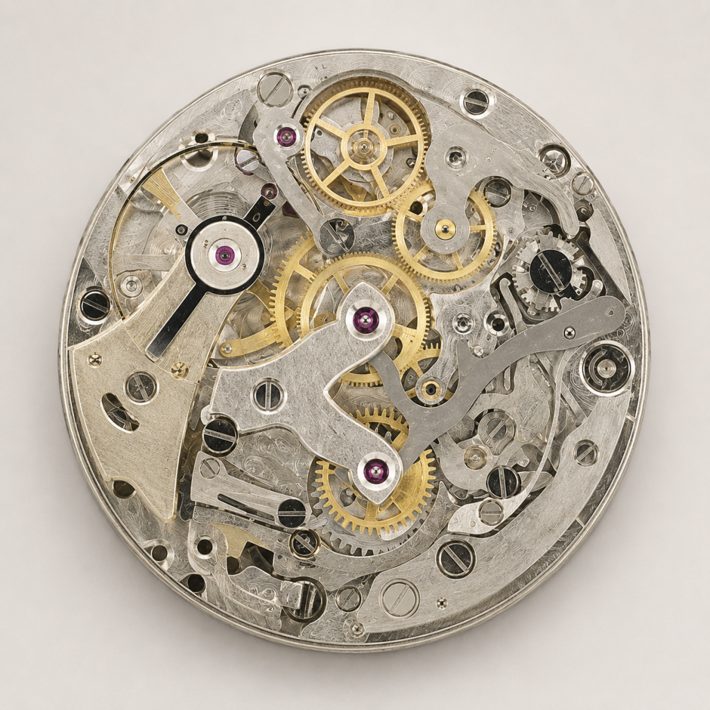 Detailaufnahme eines mechanischen Vintage-Chronographenwerks mit komplexer Chronographenmechanik, Rädern, Hebeln und fein ausgearbeiteten Bauteilen.