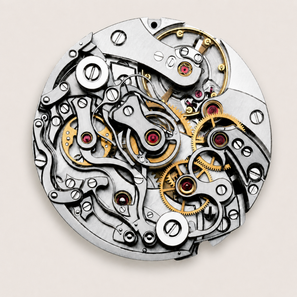 Hochwertiges Chronographenwerk nach der Reparatur fertig montiert