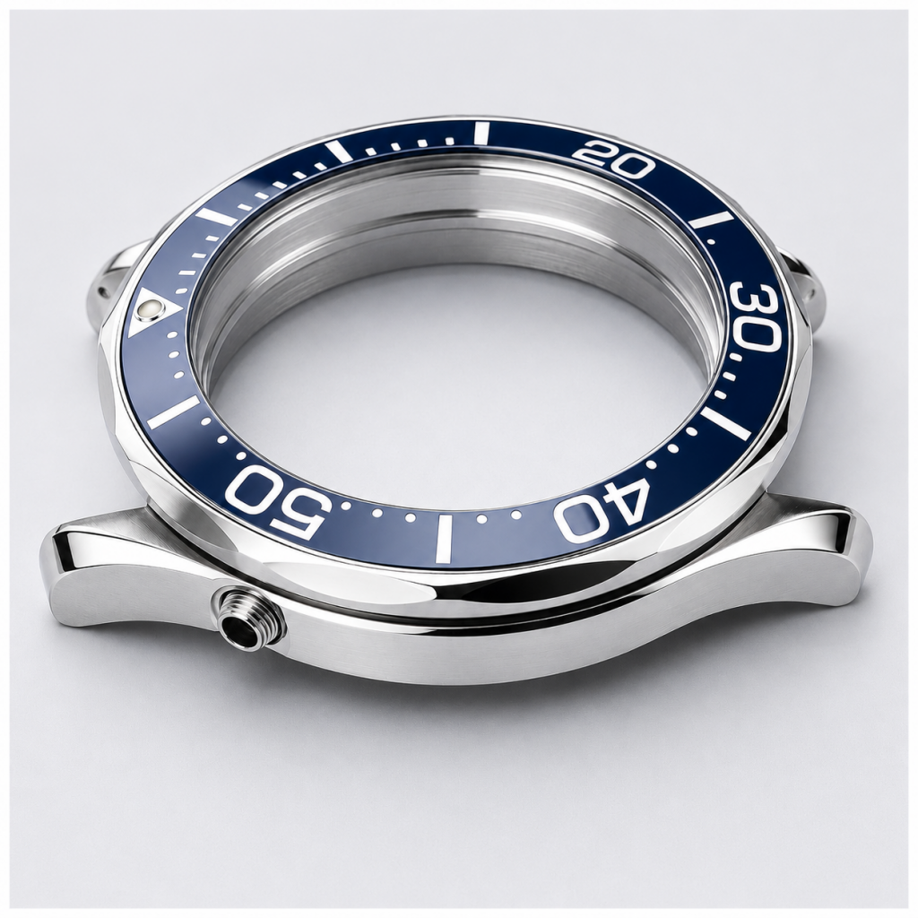 Hochwertig aufbereitetes Edelstahl-Uhrengehäuse einer mechanischen Armbanduhr mit polierten Flächen und sauberer Gehäusekante.